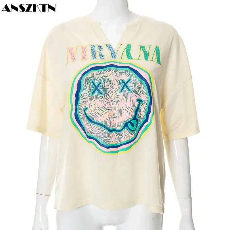 ANSZKTN, venta al por mayor, ropa de calle de verano, moda de manga corta, blusa informal Sexy, camiseta con estampado de dibujos animados y letras para mujer