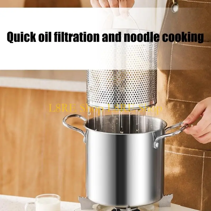 L8RE 3 Quart Stainless Steel Frying Pot Even Heating Basket Strainer Rack Glass Lid Stovetop Safe