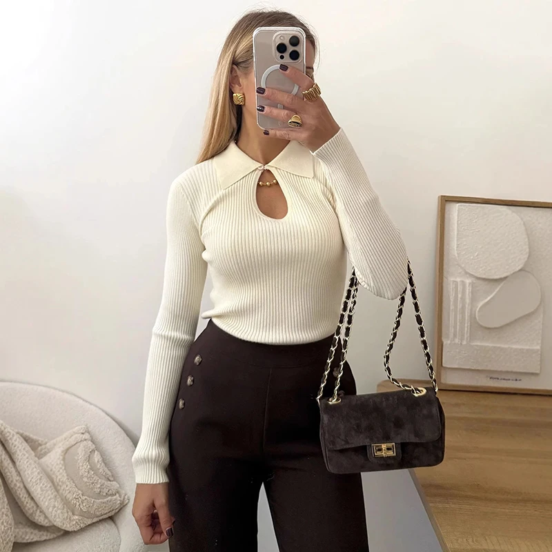 

Tornova Hollow Sexy Knitted Top Rib Solid Long Sleeve Pullovers Autumn Winter Fashion Lapel Slim Fit Sweater Female Commuting