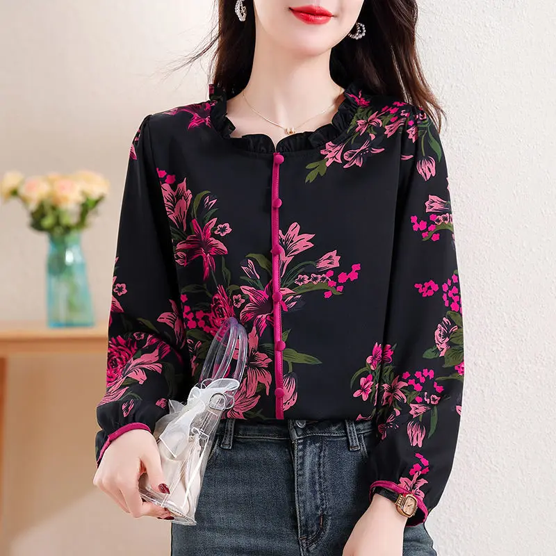 Women\'s Long Sleeved Spring and Autumn New Print Versatile Pullover Loose Temperament Chinese Style Top Chiffon Blouses Shirt