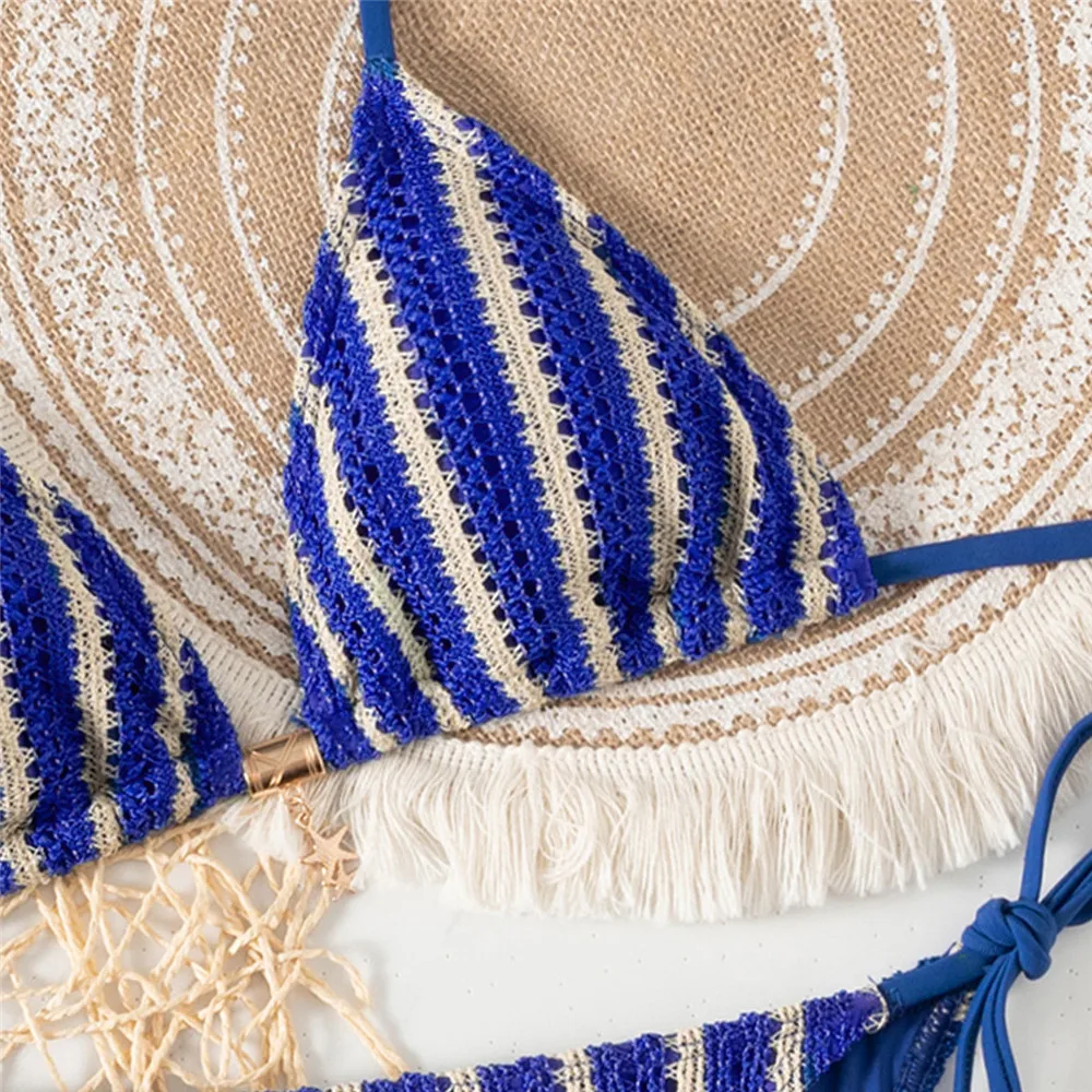 الأزرق مخطط ملابس سباحة محبوكة سلسلة الرسن ملابس سباحة نسائية صغيرة ثونغ مجموعة مثير ملابس السباحة النساء 2026 ثوب السباحة مثلث البيكينيات Mujer #3