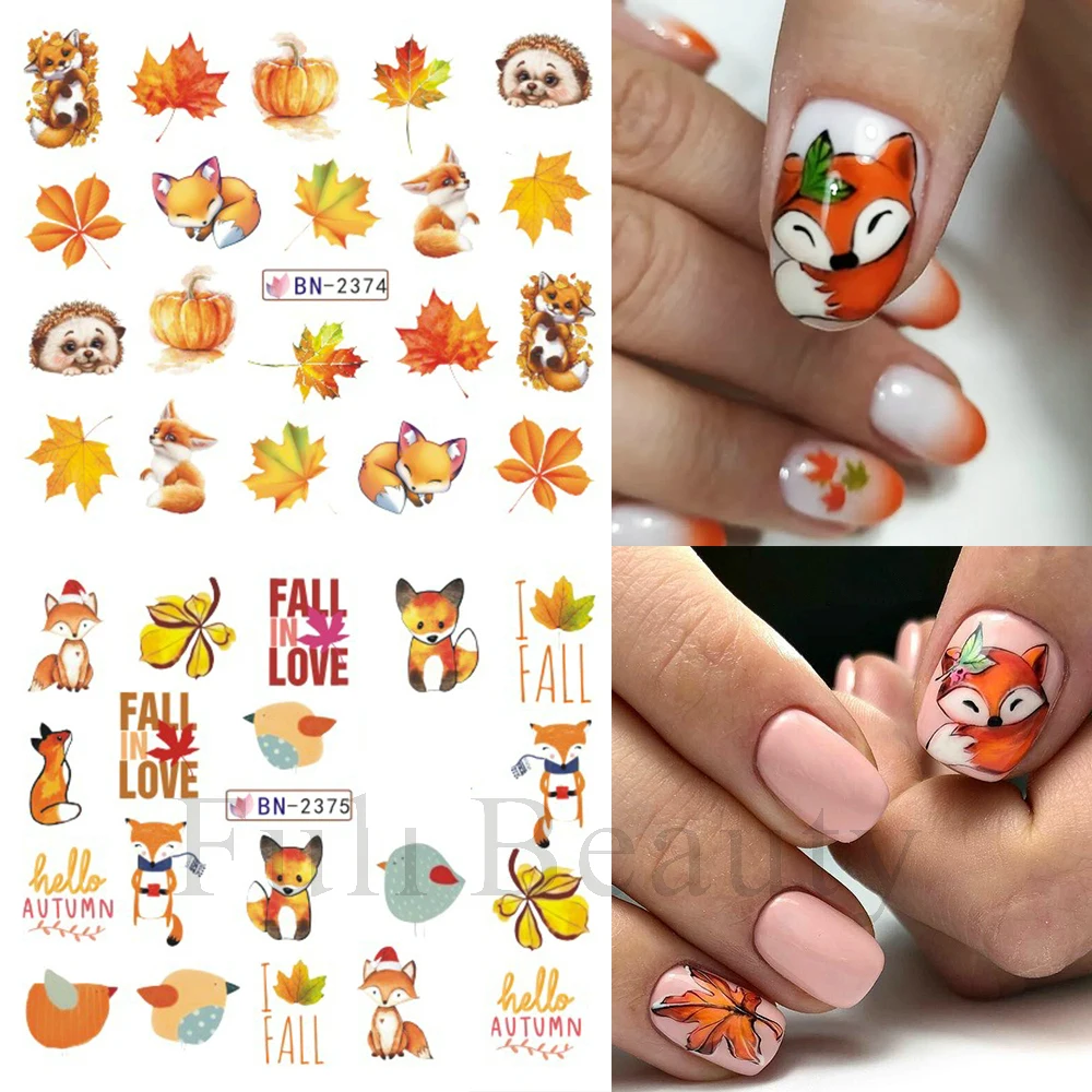 Maple Leaf Nail Stickers Gold Autumn Sliders For Nails Fox Owl Hedgehog Animals Water Decals Set Transfer Tattoos GLBN2365-2376