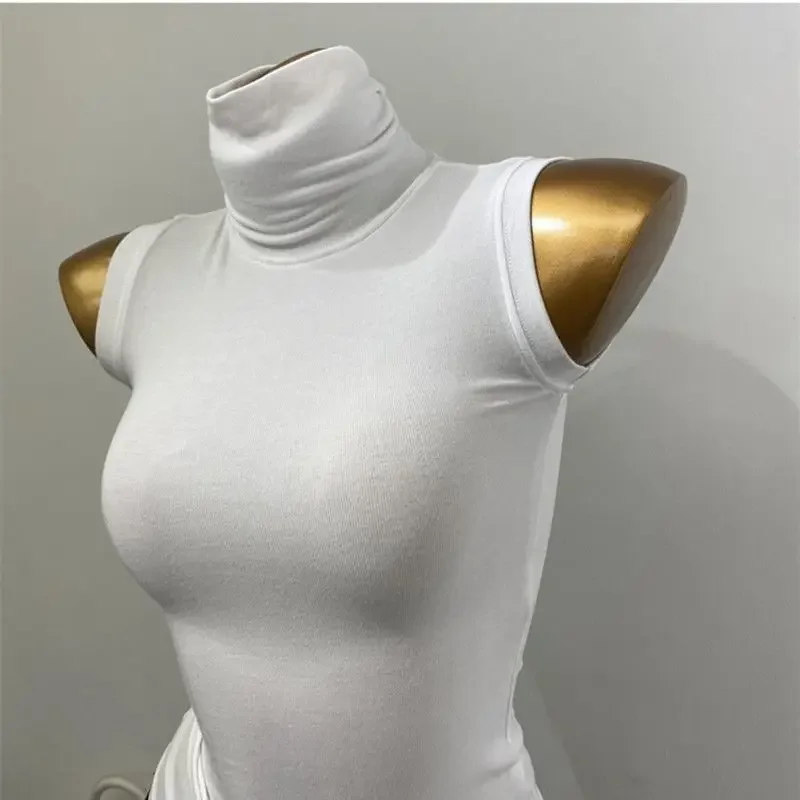 Damen Tanktop mit hohem Kragen, ärmellos, figurbetont, dehnbar, durchscheinend, atmungsaktiv, leicht, Coquette Y2K, lässig, Party, Layering, Basisschicht – Detail 1
