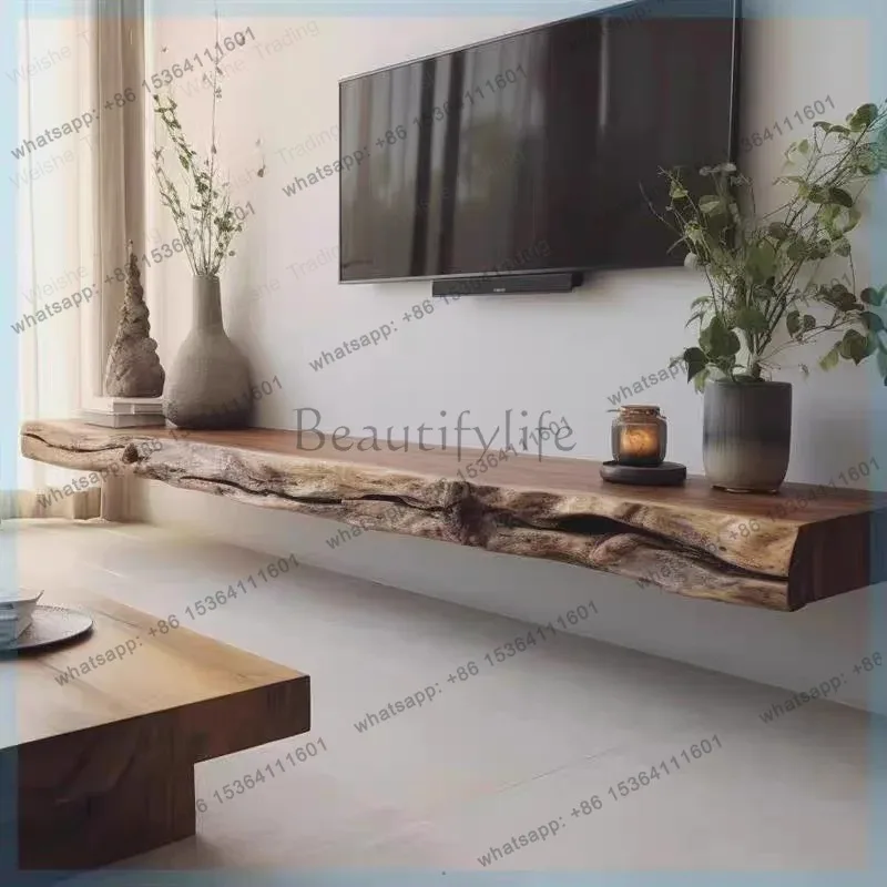 LJY Living Room Simple Modern Solid Wood Wall-Mounted TV Cabinet Single Solid Wood Shelf
