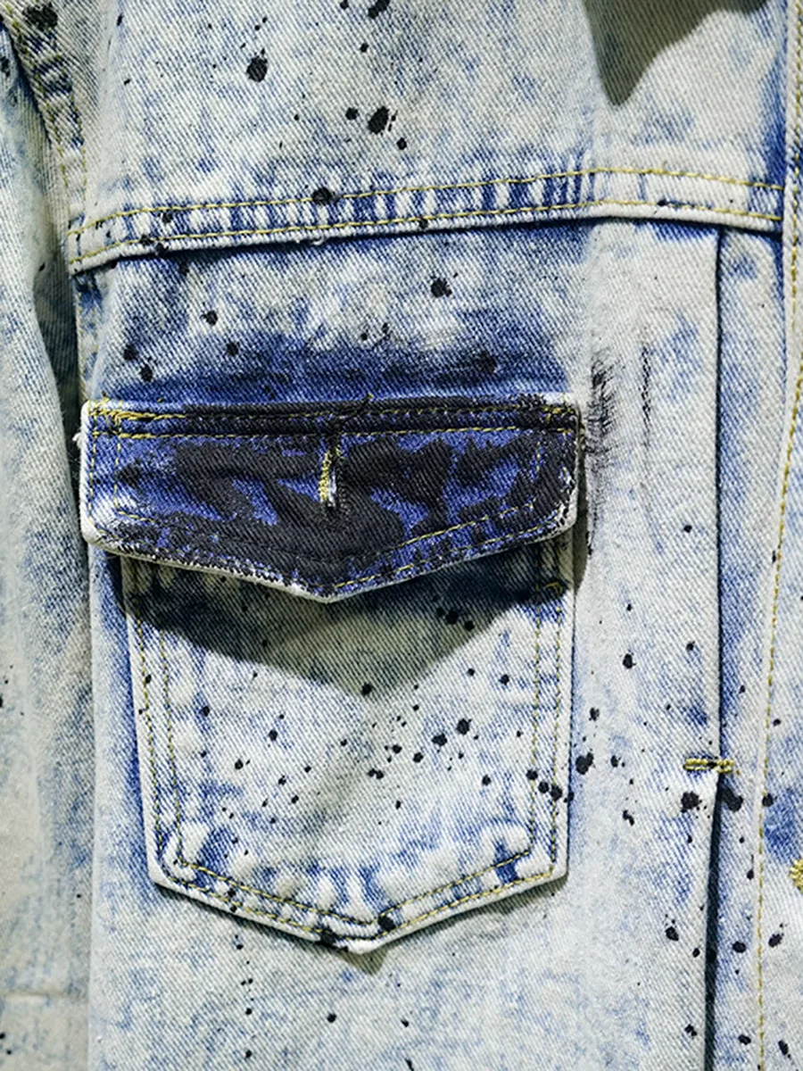 Sli Men's Denim Jaet مع رأس النمر والجمجمة التطريز طباعة ريترو Splaed طلاء حبر نقطة M ملابس خارجية