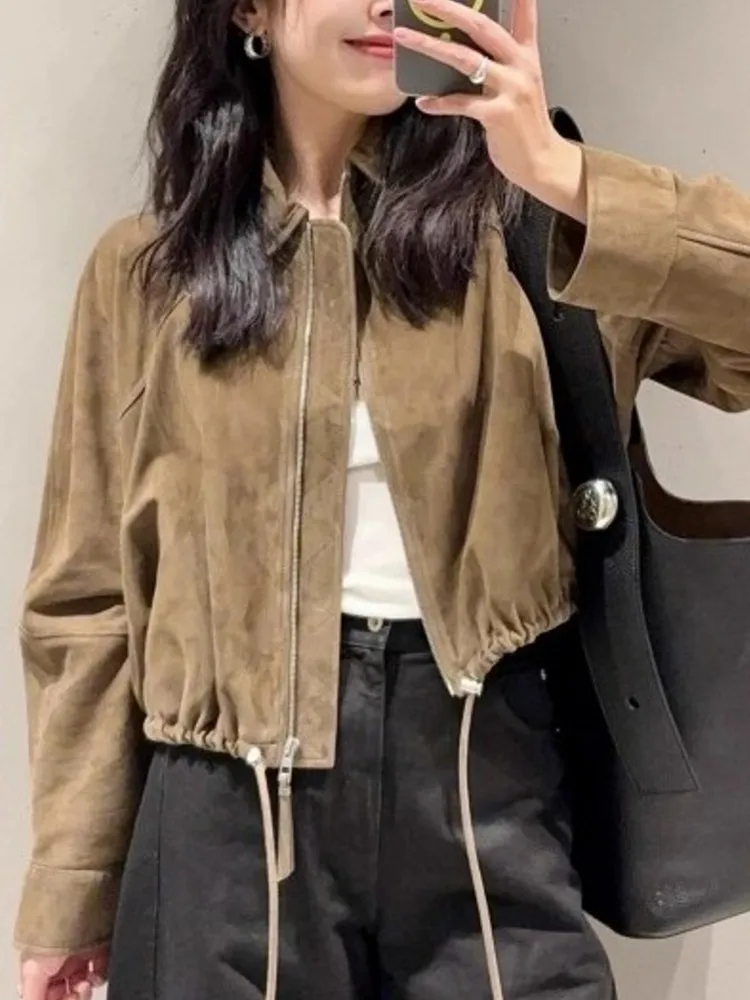 오피스 레이디 진짜 가죽 스웨이드 재킷 지퍼 턴다운 칼라 아우터웨어 최고 품질의 짧은 코트 가을 리얼 양가죽 오버코트