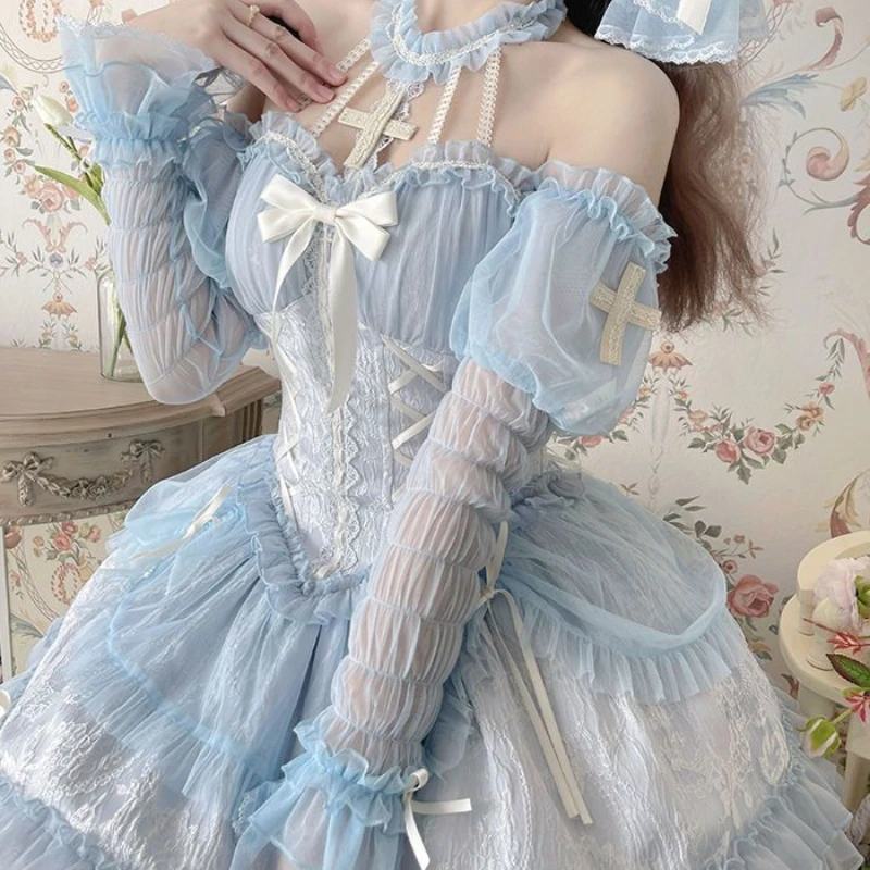 Original Lolita Hanging Neck Dress with Cute Hollow Out Bow Tie Lace Splicing Princess Dress
