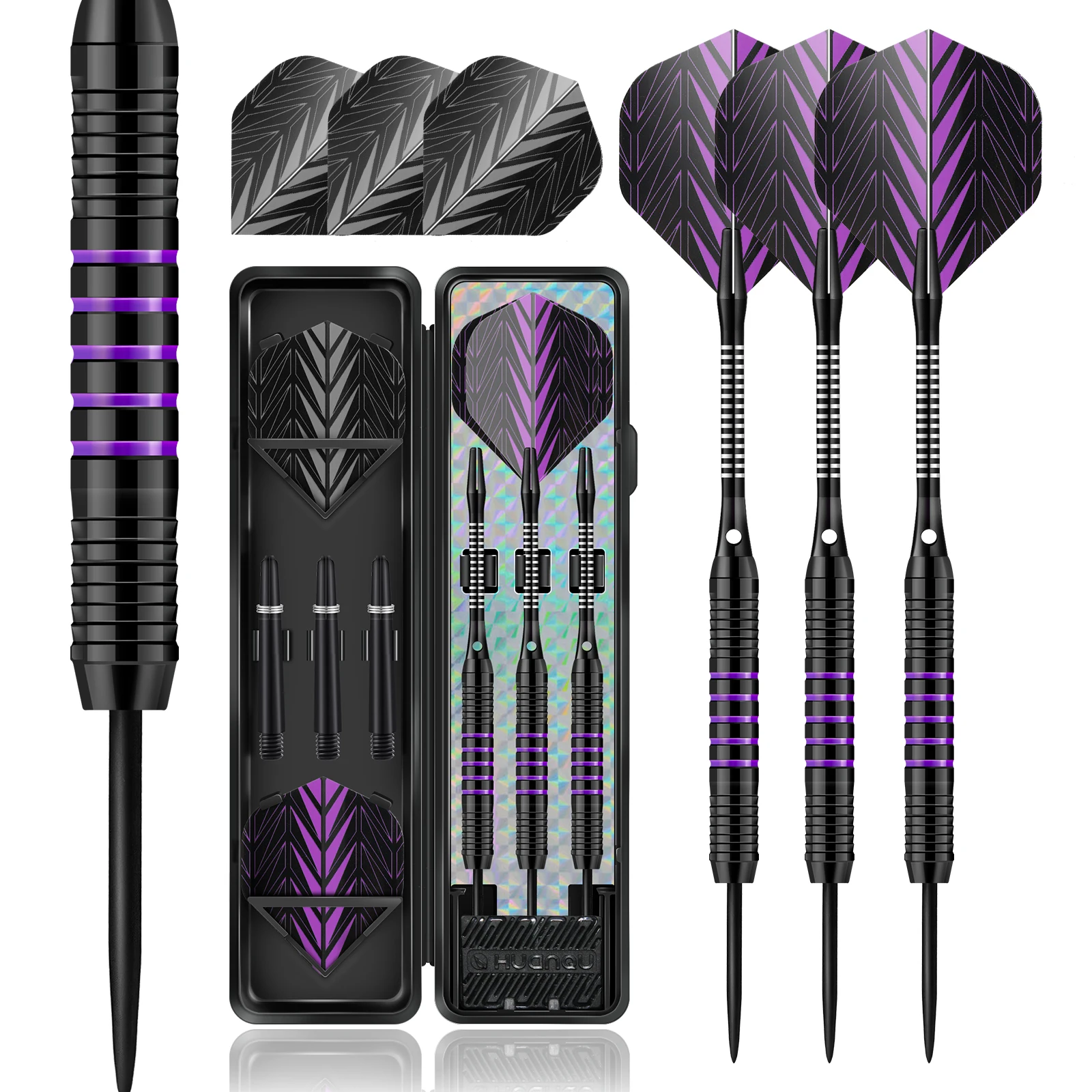HUANQU 3PCS 24g Iron Steel Tip Darts Set, Textured Grip Barrel, Purple Black Flights, Professional Darts for Adults Training