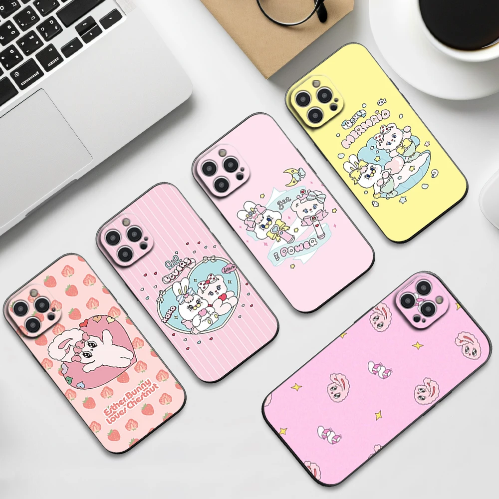 Cartoon E-Esther Cute Bunny Phone Case For iPhone 16 11 12 13 14 15 Pro Max Plus Black Soft Shell