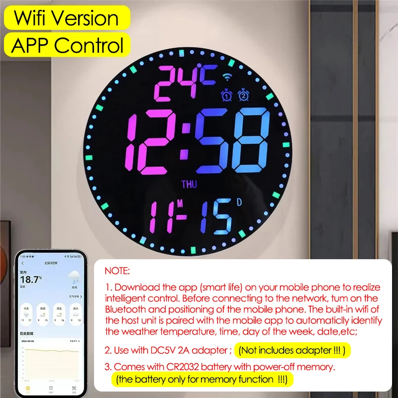 Wifi App Control RGB LED Wall Clock with Dual Alarms Living Room Temperature Date Time Week Display Electronic Alarm Clock