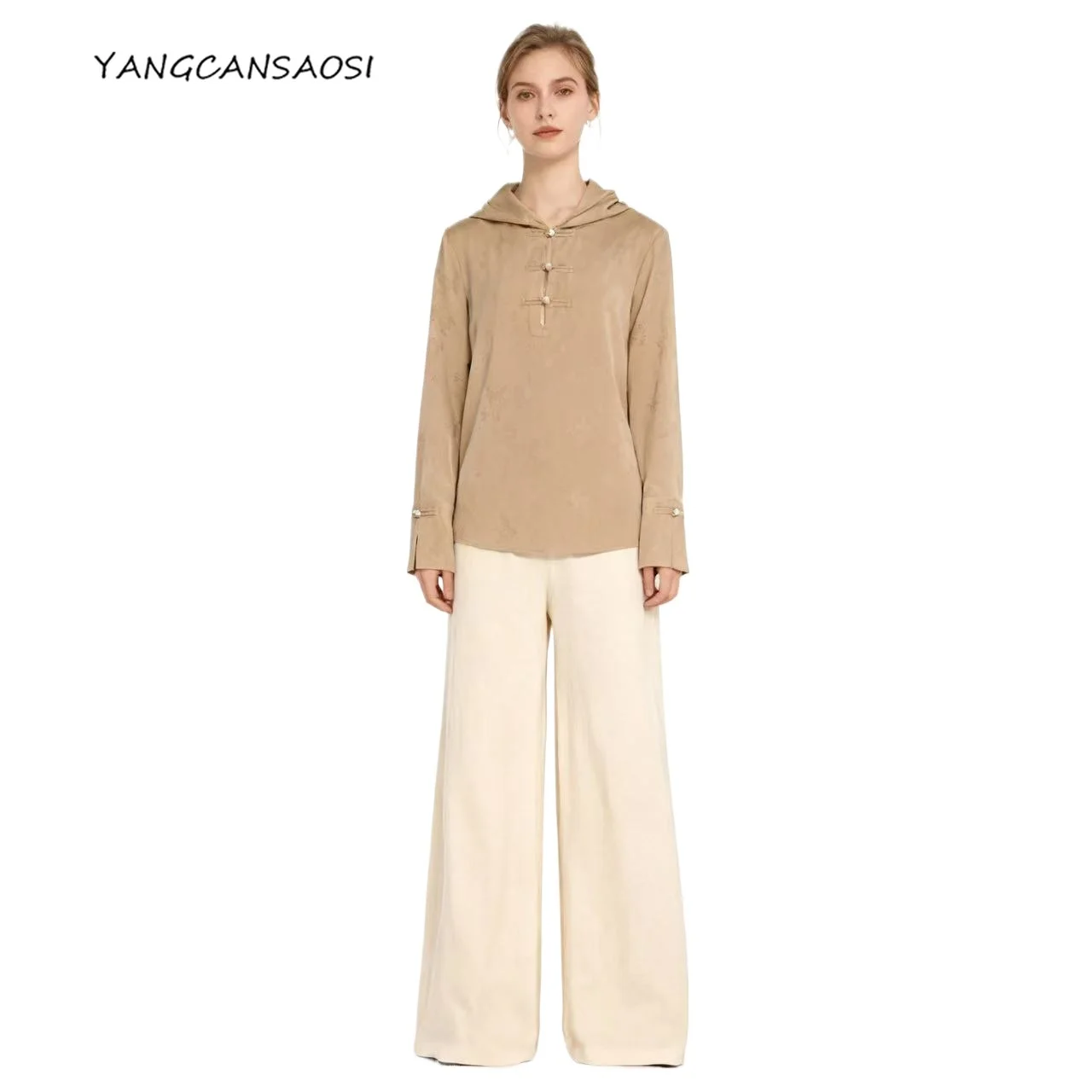 

Non Collision Shirt Women's Fashion 21MM 93%Natural Mulberry Silk Elastic Jacquard SangBo Satin Hooded Long Sleeved Loose Top