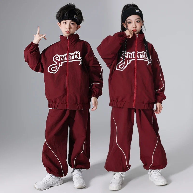 

New Kids Hip Hop Outfit Street Dance Clothing Baggy Burgundy Set Boys Girls Sport Jazz Performance Costume Team Dancewear L13651