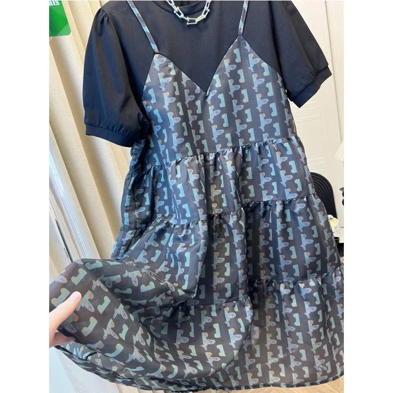 Fashion Printing Camis T-Shirts Dresses Fashion Women Clothing O-neck Short Sleeve Fake Two Pieces Dresses Summer Midi Dress
