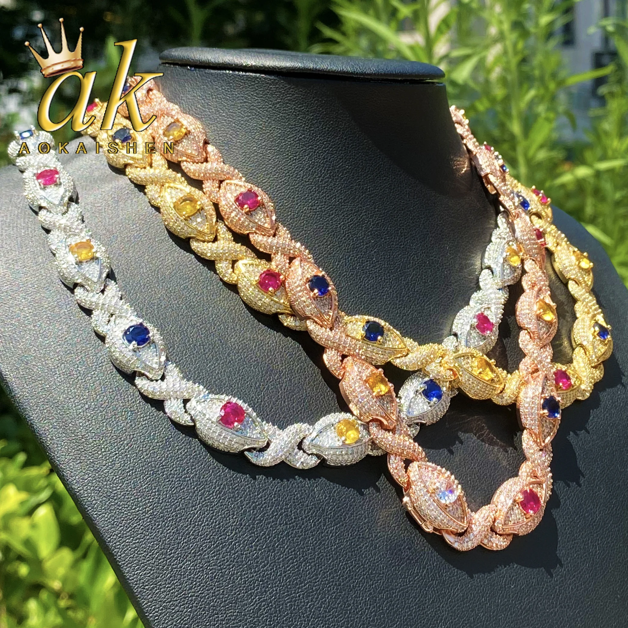 Aokaishen Iced Out Colorful Eye Infinity Link Chain for Men Necklace Choker Real Gold Plated Cubic Zirconia Hip Hop Jewelry