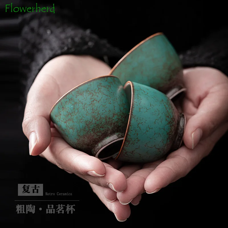 Retro Green Flower Glaze Ceramic Tea Cup Teaware Kung Fu Tea Set Small Master Cup Coarse Pottery Teacup Chinese Tea Set Cup