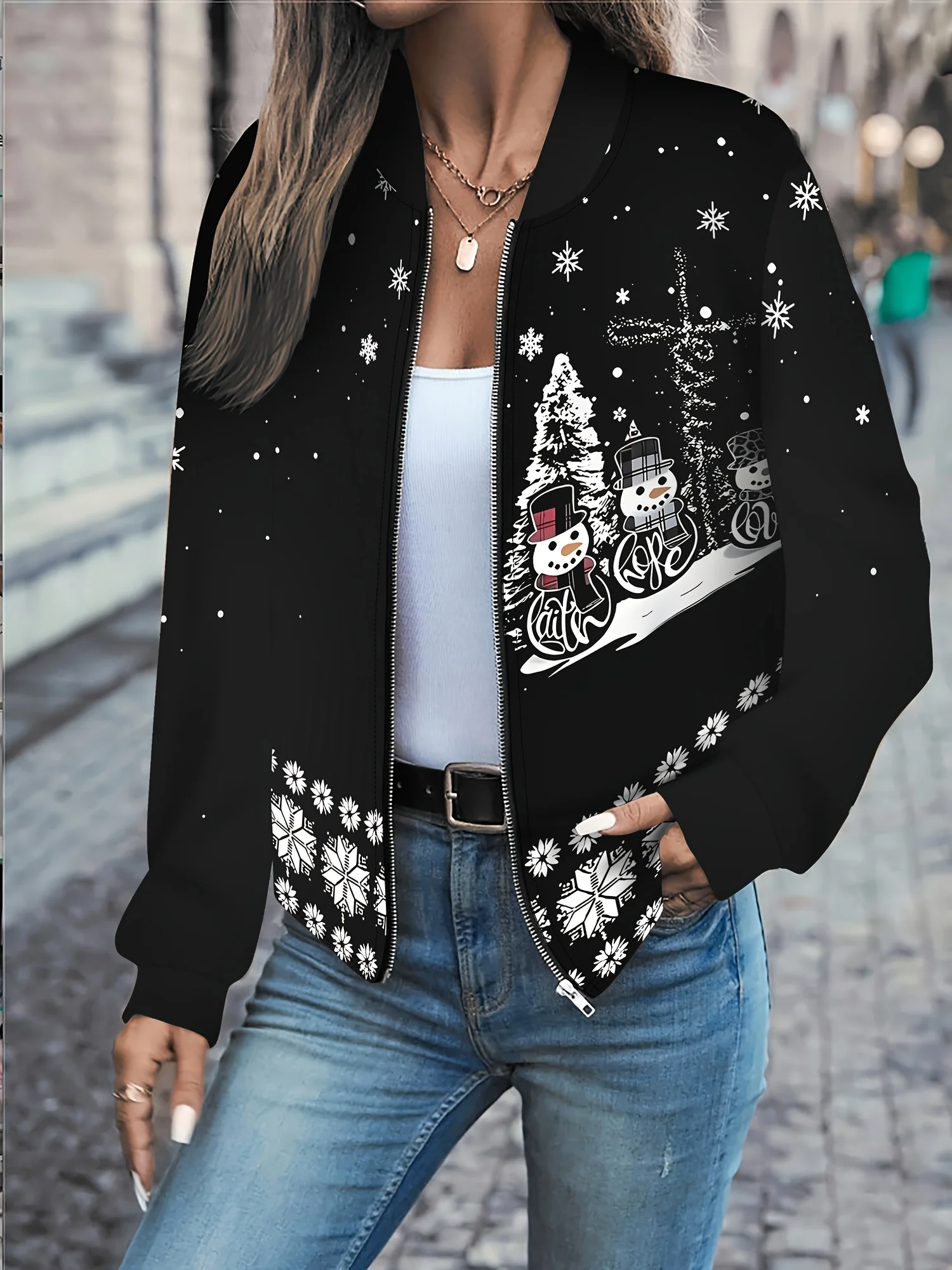 

Women's Winter Snowflake Snowman Jacket, Elegant Black White Print, Full Zip Closure, All Season Machine Washable Coat