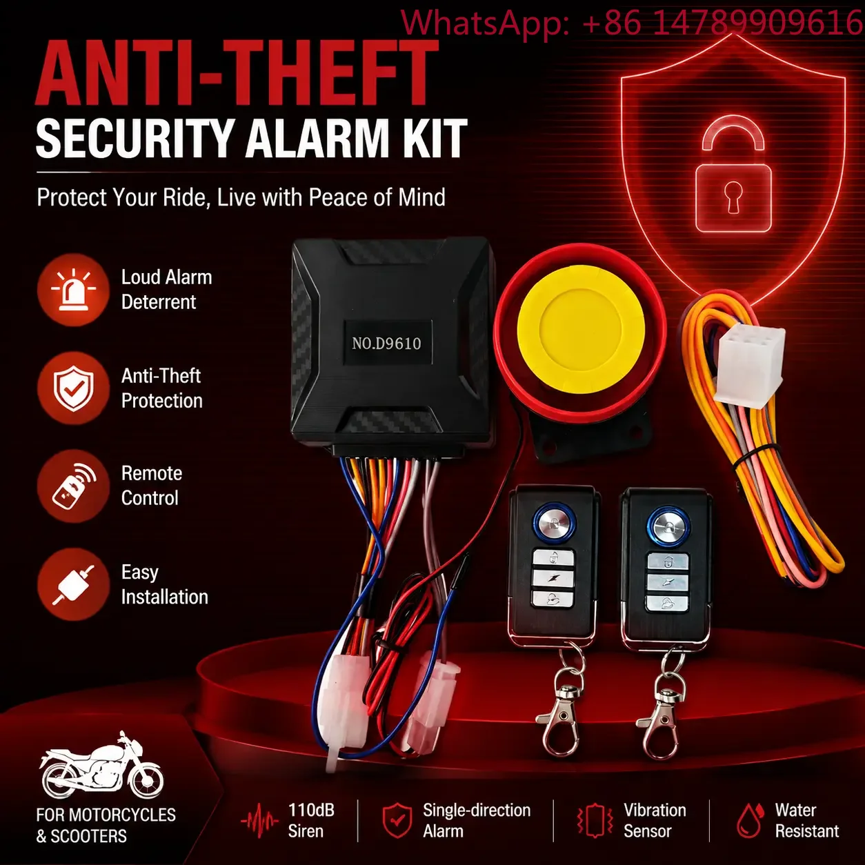 Waterproof Motorcycle Alarm System One Way Anti Theft Remote Control Universal Security Device Shock Sensor Loud Siren Kit