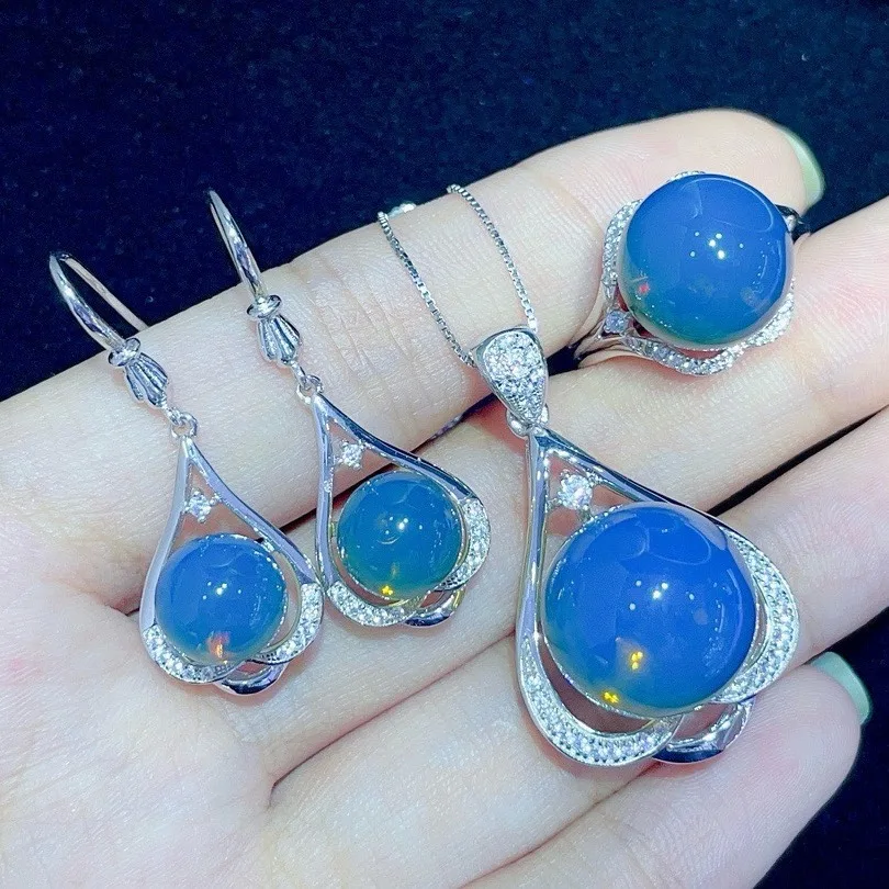 

Natural Blue Amber Necklace Earrings Set, S925 Silver Fine Setting 9/12/15mm Stones, Amber Jewelry Gift for Women