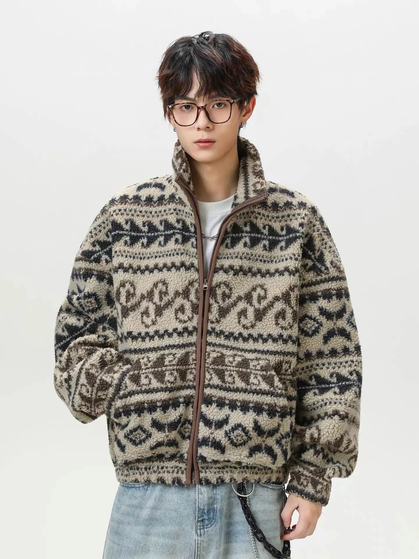 

American Retro Thiened Island eepskin Men's Winter Casual Loose All-Match Fce Cotton Jaet Coat Long Sve Regular Fit