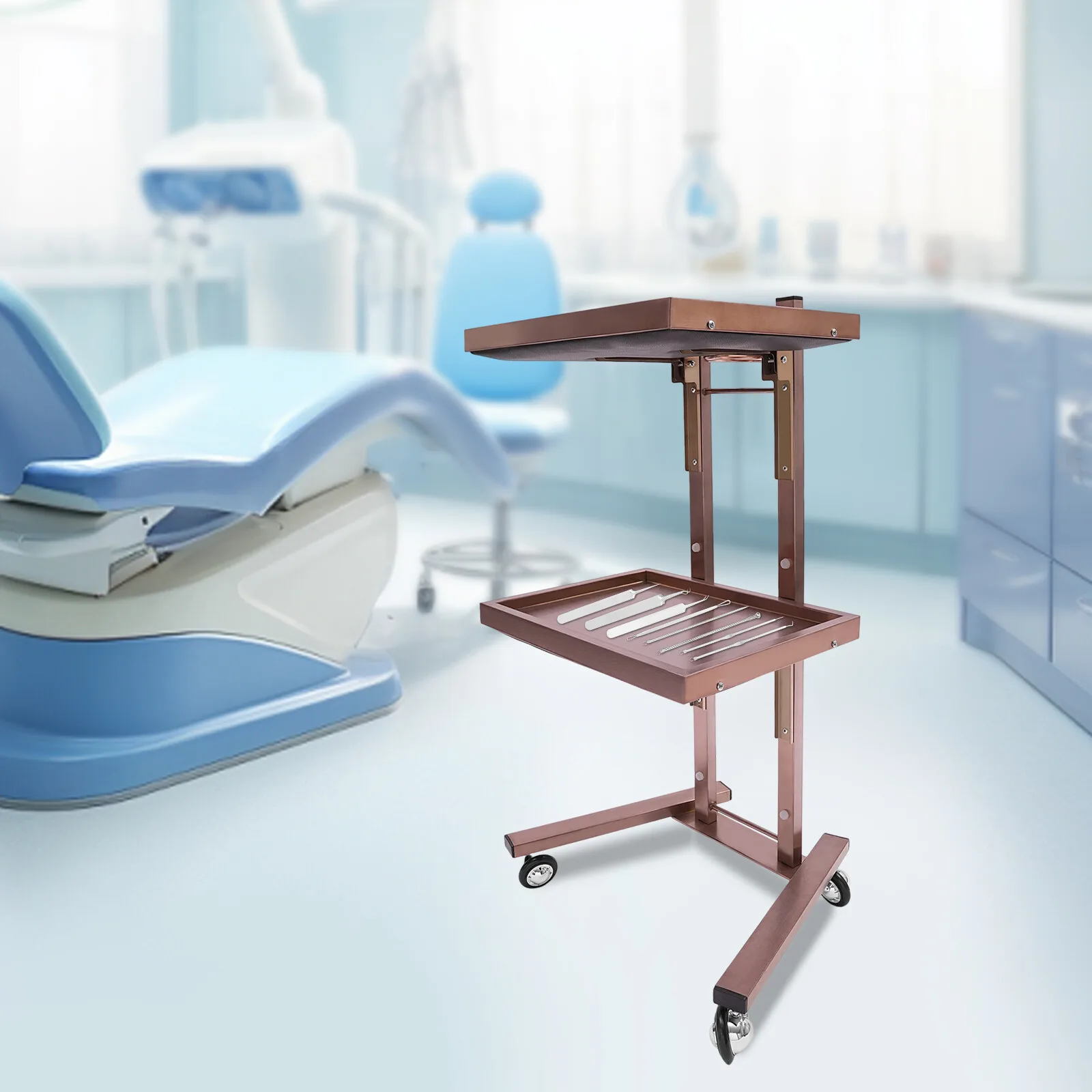 عربة تصفيف الشعر الأنيقة ذات طبقتين، عربة صالون باللون الذهبي الوردي، عربة دوارة من الفولاذ المقاوم للصدأ مع صواني و4 عجلات