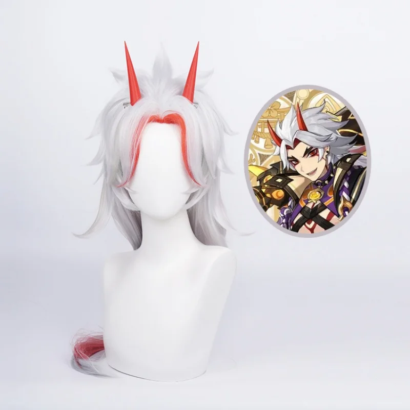 

Game Genshin Impact ataki Itto Cosplay Wig With Horns Grey Gray Red Wig Long Hair Halloween Party Wigs + Wig Cap Hairnet