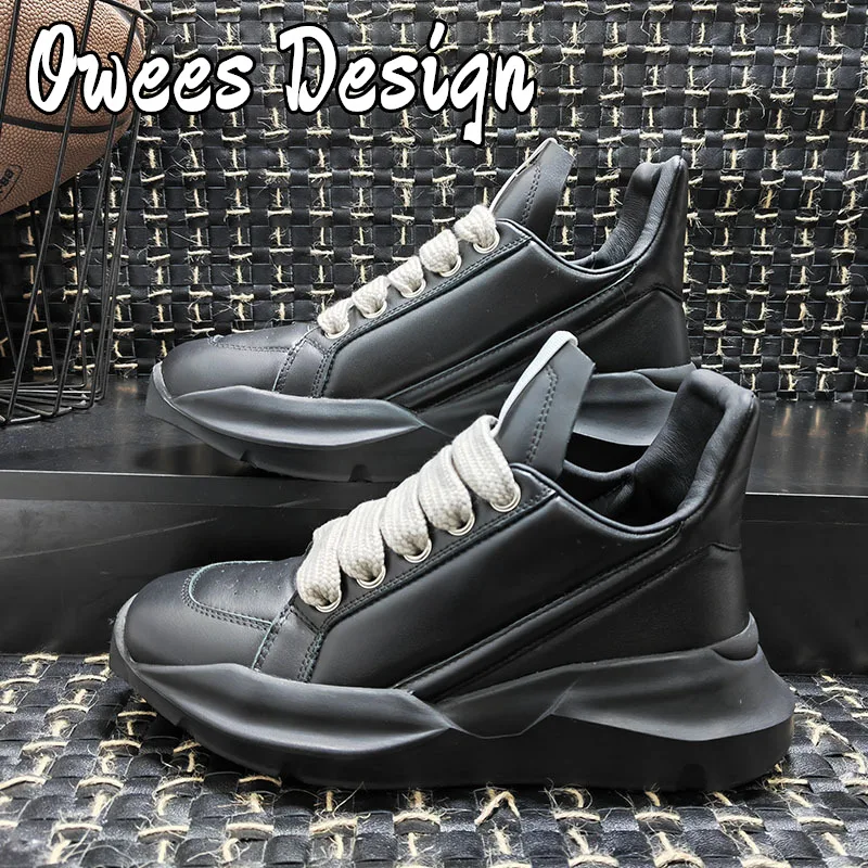 Owees Design. Brand Rick Genuine Leather Sneaker Men Thick Shoelace Platform Trainer Men High Top Thick Soled Women Shoes
