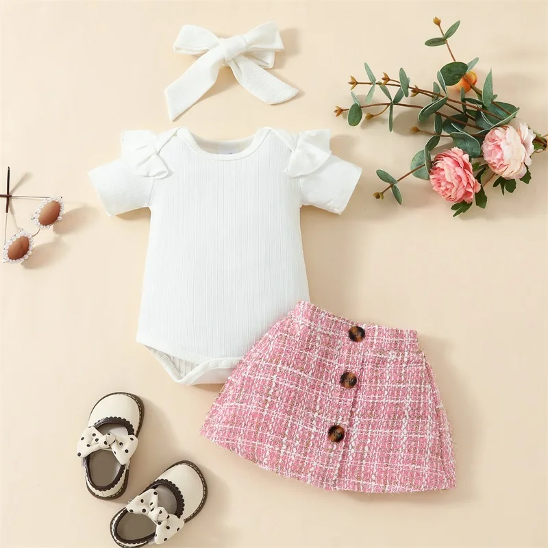 

Baby Girls Summer Outfits 3PCS Set Short Sleeve Ruffle Shoulder Romper Tops A-Line Plaids Skirt with Headband Newborn Girls