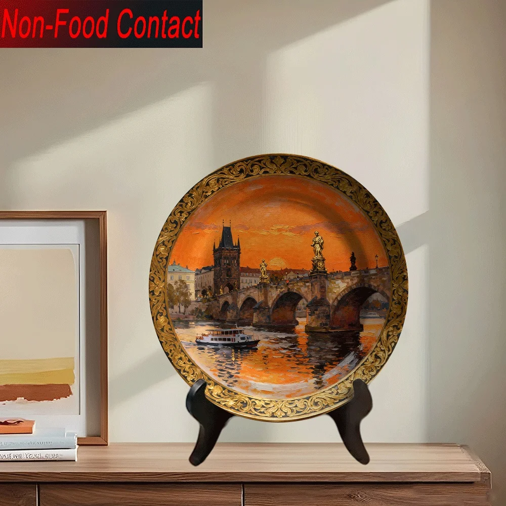 1pc Bohemian Ceramic Decorative Plate - Non-Food Contact Safe, Elegant Round Tabletop Decor with Vibrant Prague Charles Bridge