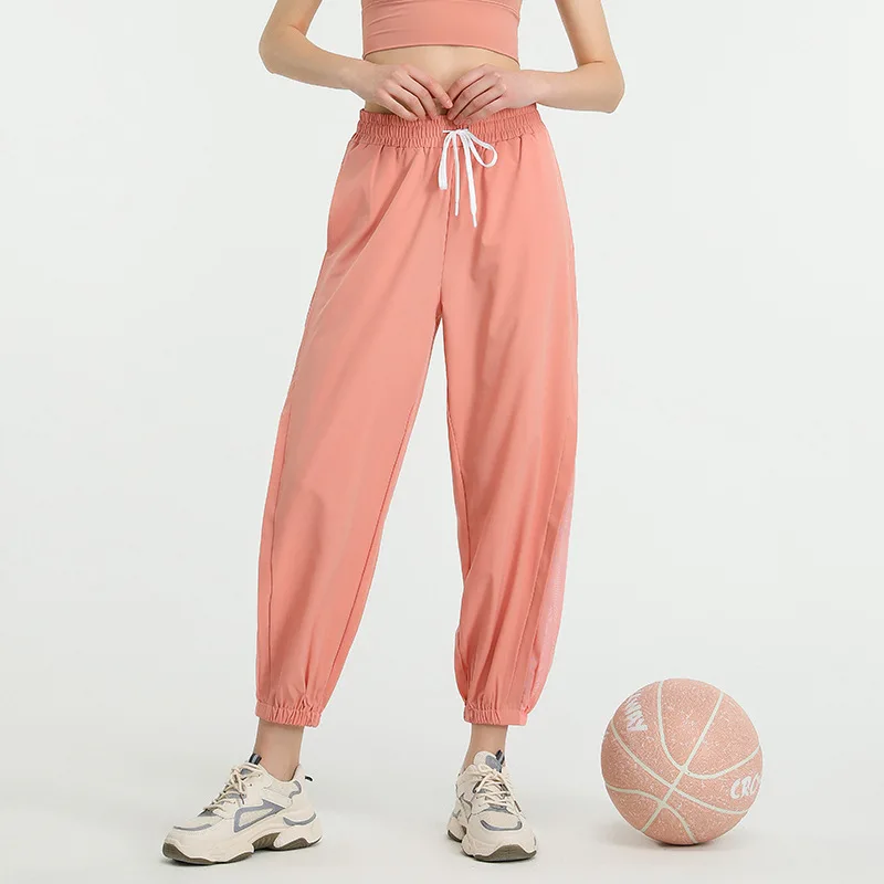 Primavera calças esportivas para fitness feminino fino solto amarrando calças de malha de secagem rápida correndo guarda-roupa calças de treinamento casual