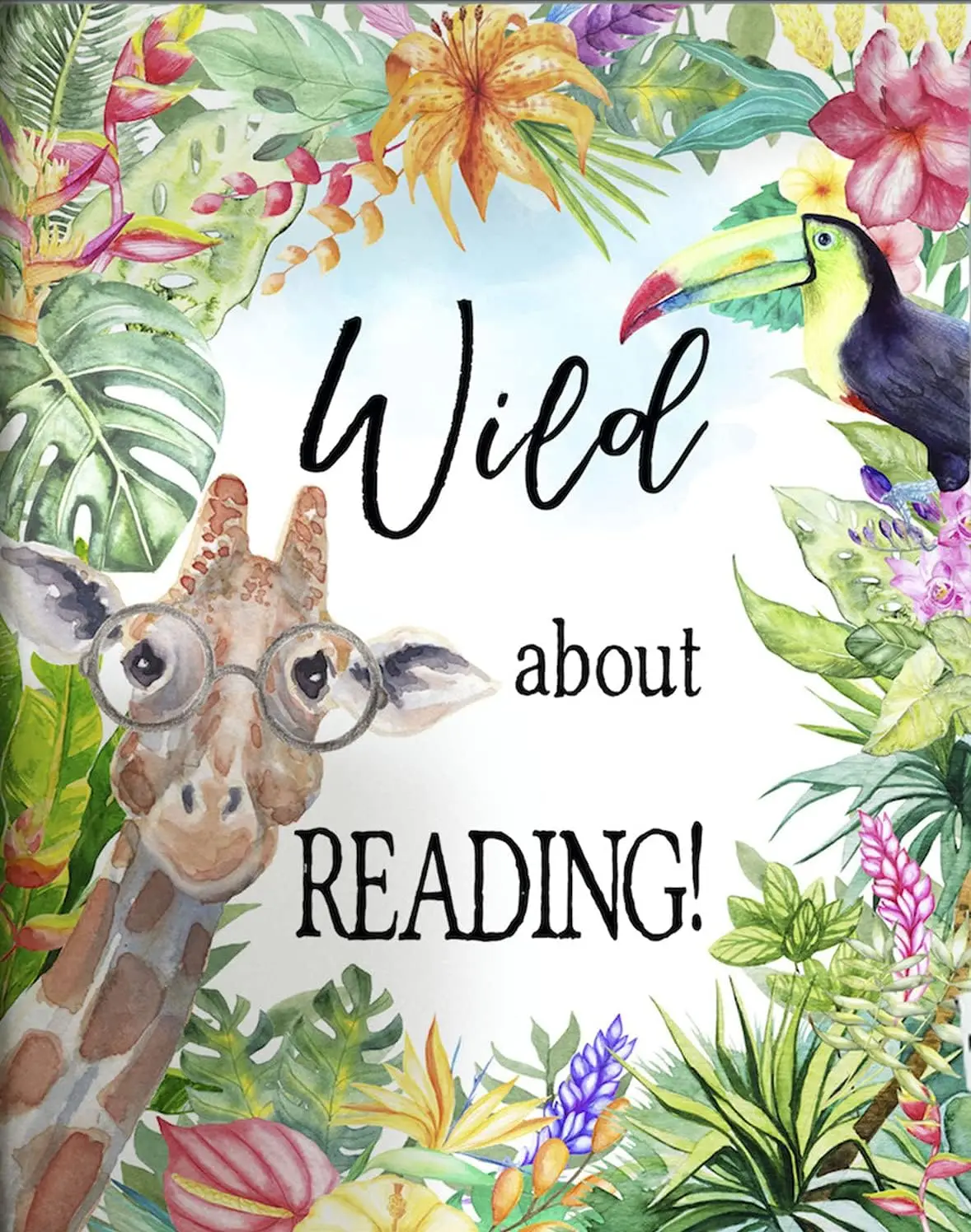 Y1,Eeypy Wild About Reading Poster Book Nook Sign Giraffe Watercolour Jungle Library Safari Nursery Classroom