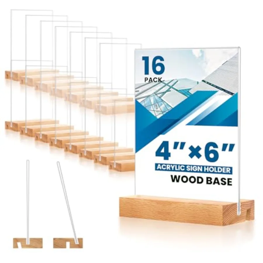 

Набор из 16 акриловых держателей для табличек 4x6 с деревянным основанием, вертикальные и наклонные подставки, прозрачные пластиковые держатели для флаеров, подставки для фотографий на стол