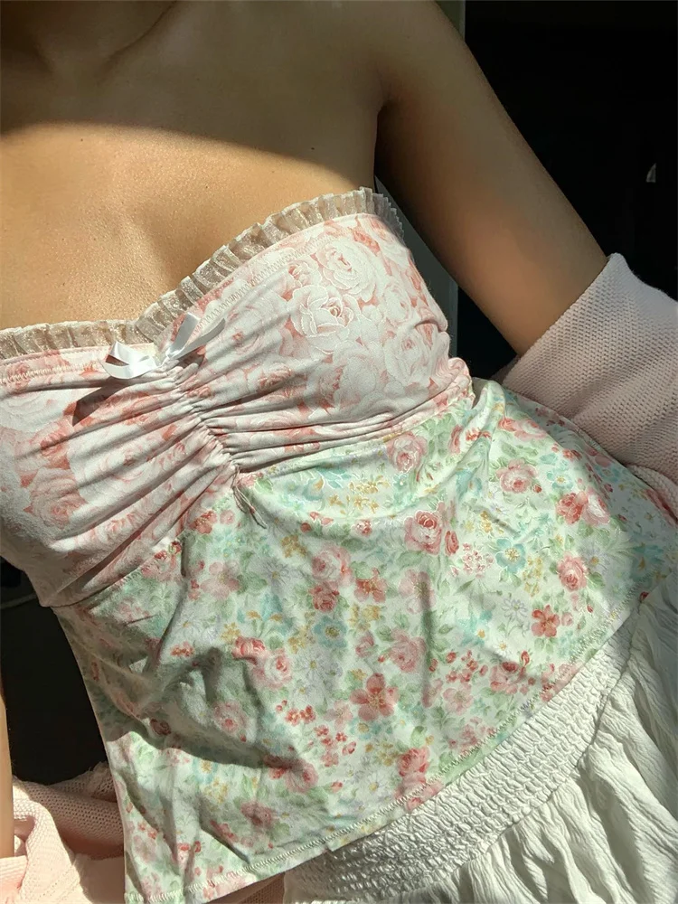 Chronstyle Retro Vrouwen Strapless Off Shoulder Tube Tops Kant Patchwork Zomer Plaid Bloemenprint Tank Esthetische Backless Vest
