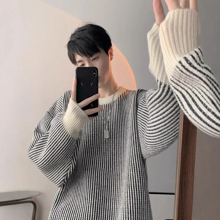 

Мужской круглый трикотаж в полоску, повседневный свободный крой, удобный длинный топ све на осень-зиму, модный тренд Personali