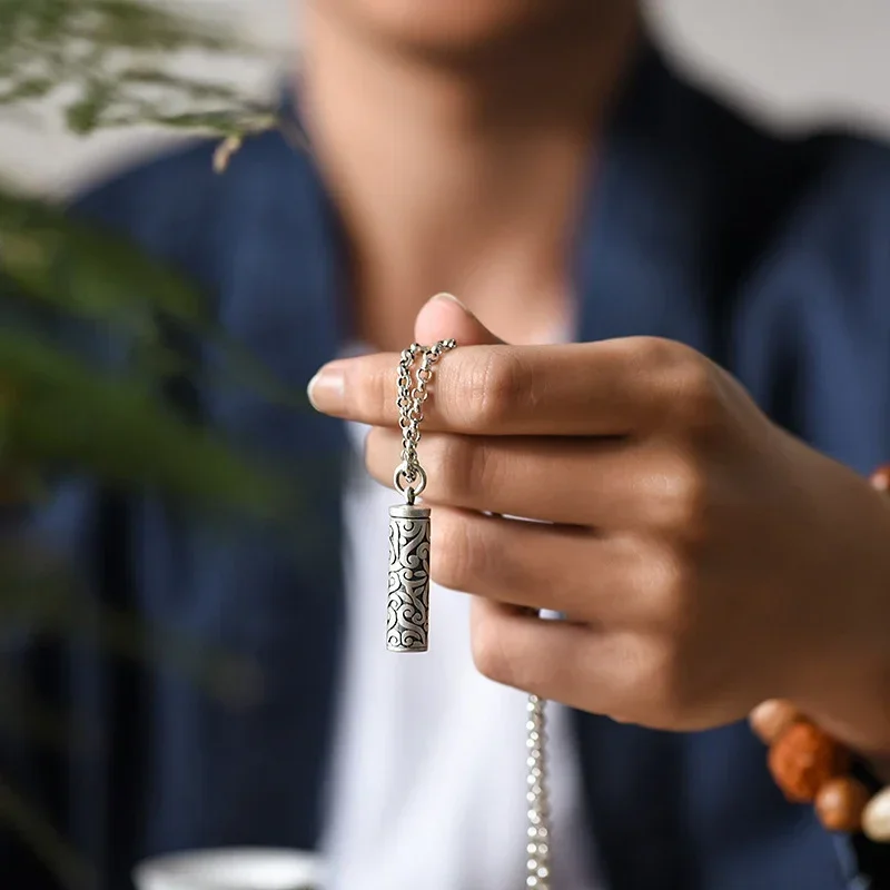 925 Silver Hollowed Out Pendant Can Be Opened Patterned Cylindrical Necklace for Men and Women's Vintage Ethnic Style Jewelry 5
