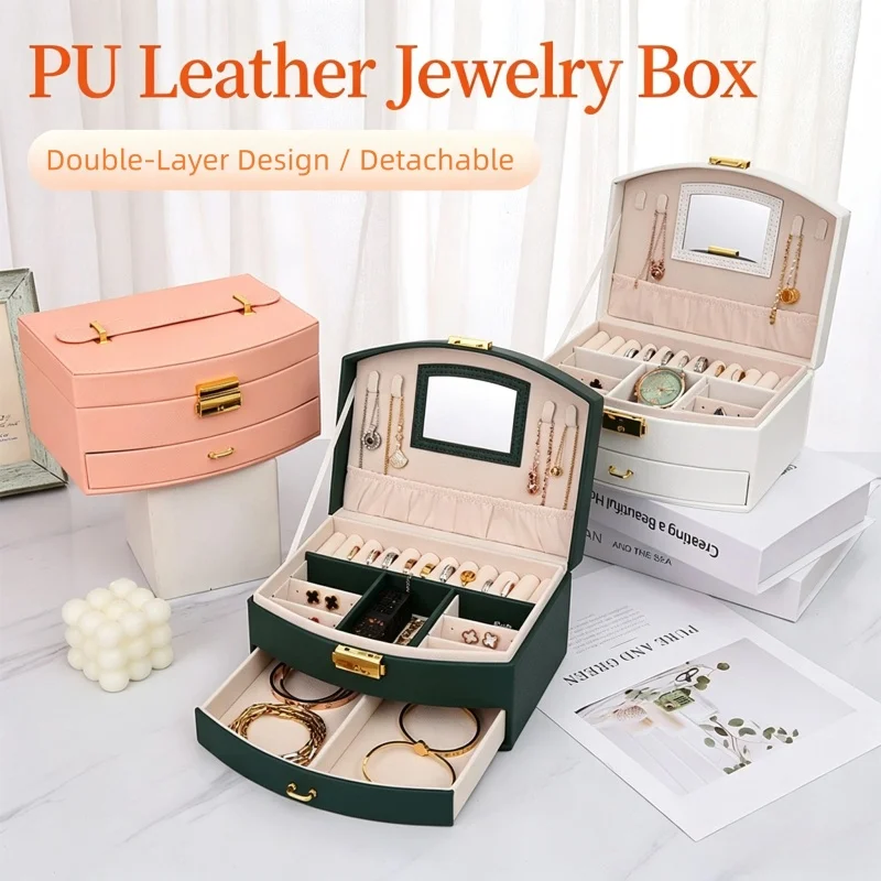 Luxury Handheld PU Jewelry Box Detachable Jewelry Organizer with Mirror Travel Case for Rings Earrings Necklaces Gift for Ladies