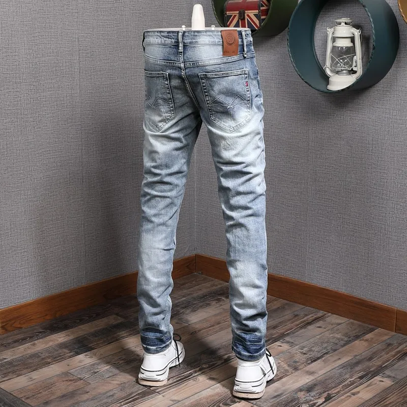 Fashion Designer Men Jeans Retro Washed Light Blue Elastic Stretch Slim Fit Ripped Jeans Men Trousers Vintage Denim Pants Hombre