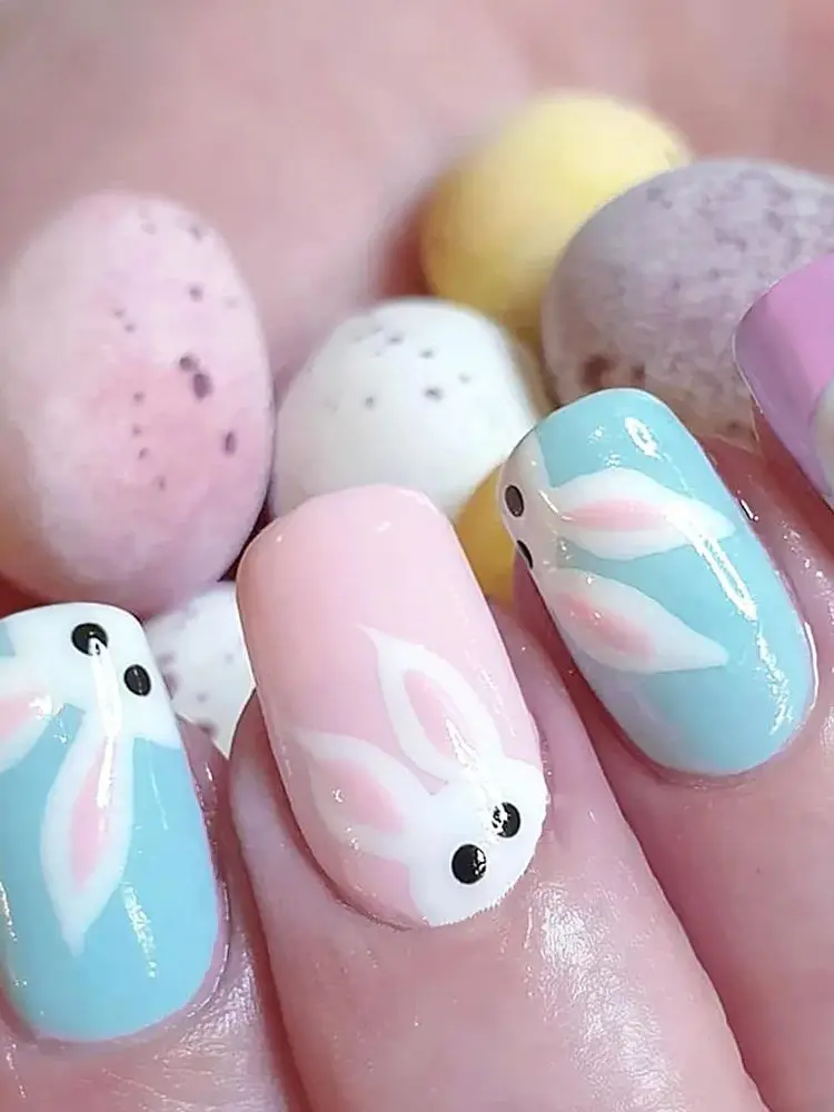 24 pièces Ins Macaron lapin presse sur ongles petites fleurs imprimer faux ongles conseils portable pâques mignon court rond faux ongles pour fille