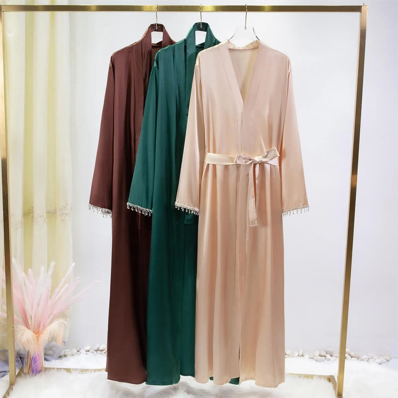 1pc Satin Long Robe Wrap With Delicate Crystal Decorated Sleeves, Enhancing Your Look And Perfect For Any Occasion