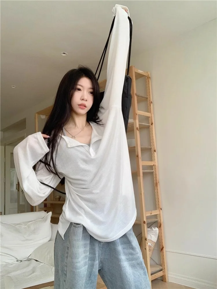 Loose Long Sleeve Women's T-shirt White Spring New Style Lazy Fashion Outerwear Cover up Slimming Top Korean Style Commute Pu...