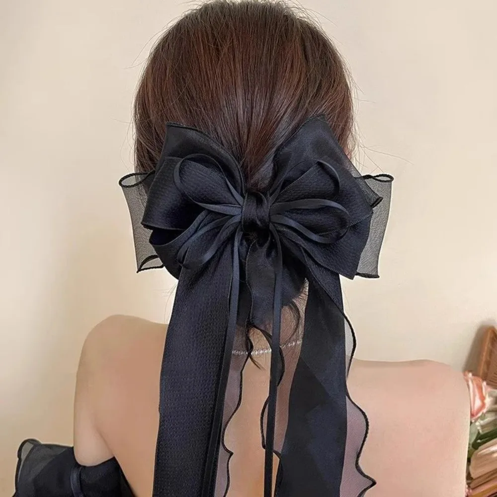 Bright Silk Bow Spring Clip Black Hairpin Girls Sweet Ponytail Hair Clip Barrettes for Women Summer Fashion Hair Accessories