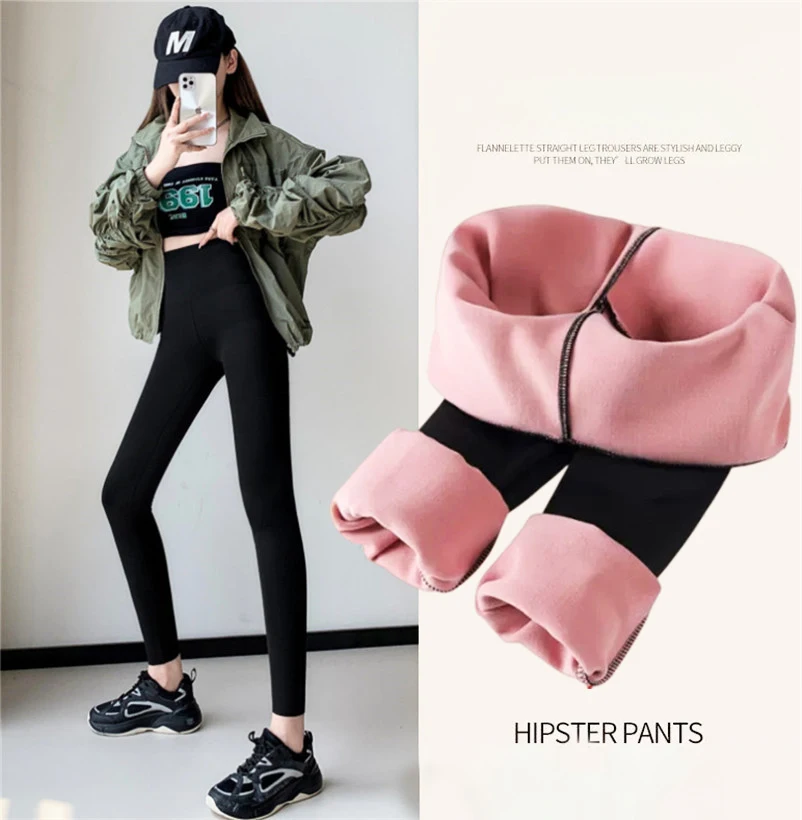 2023 Winter Women Pants Thermal Fleece Thicken Leggings High Waist Ribbed Leggings Women Solid Comfortable Warm Stretchy Leggins