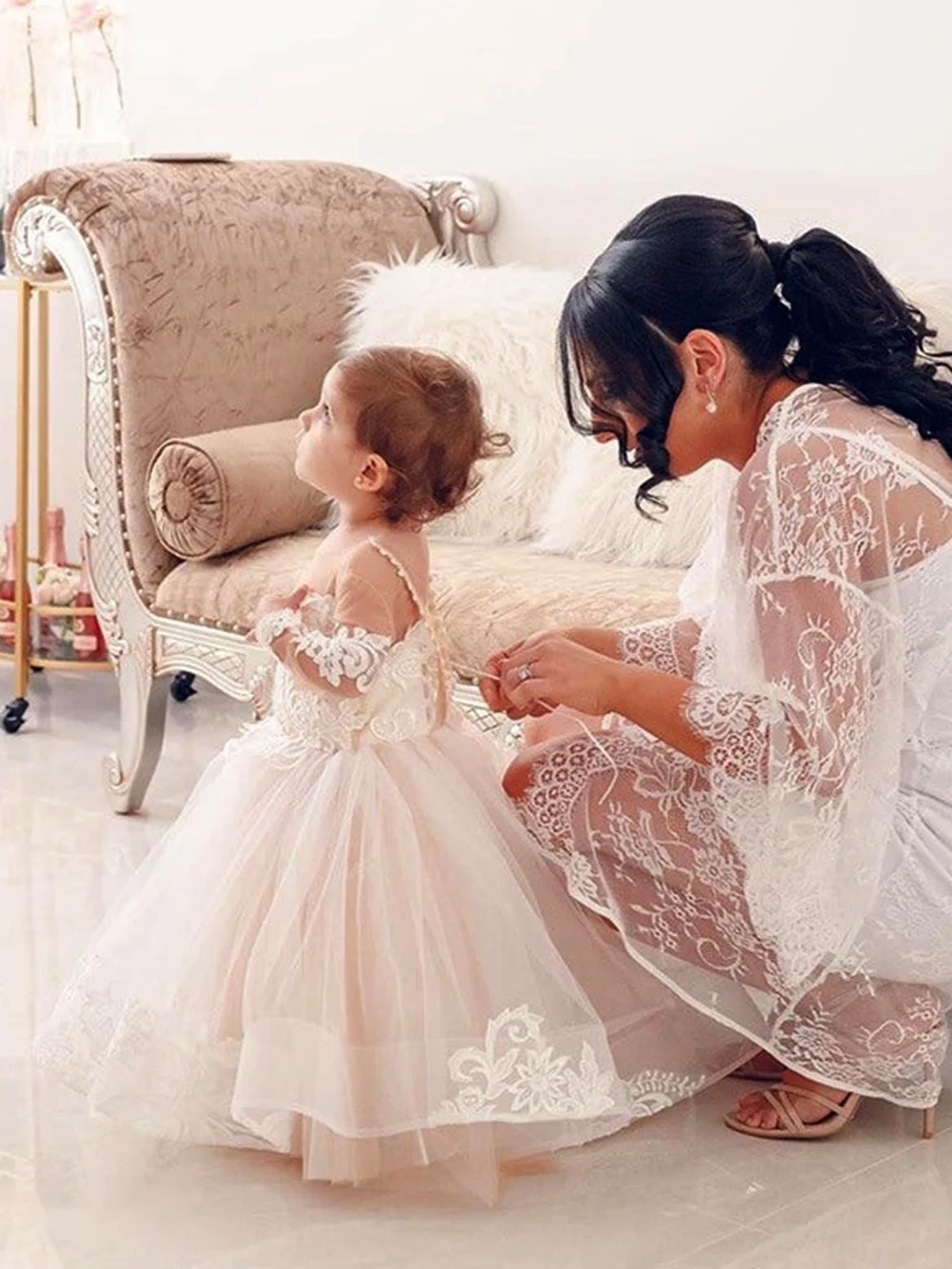 Puffy Flower Girl Dress Ivory Lace Baby Girl Dress Tulle Wedding Party Dress Cute Kids Child Birthday Dress Girl Party Dresses