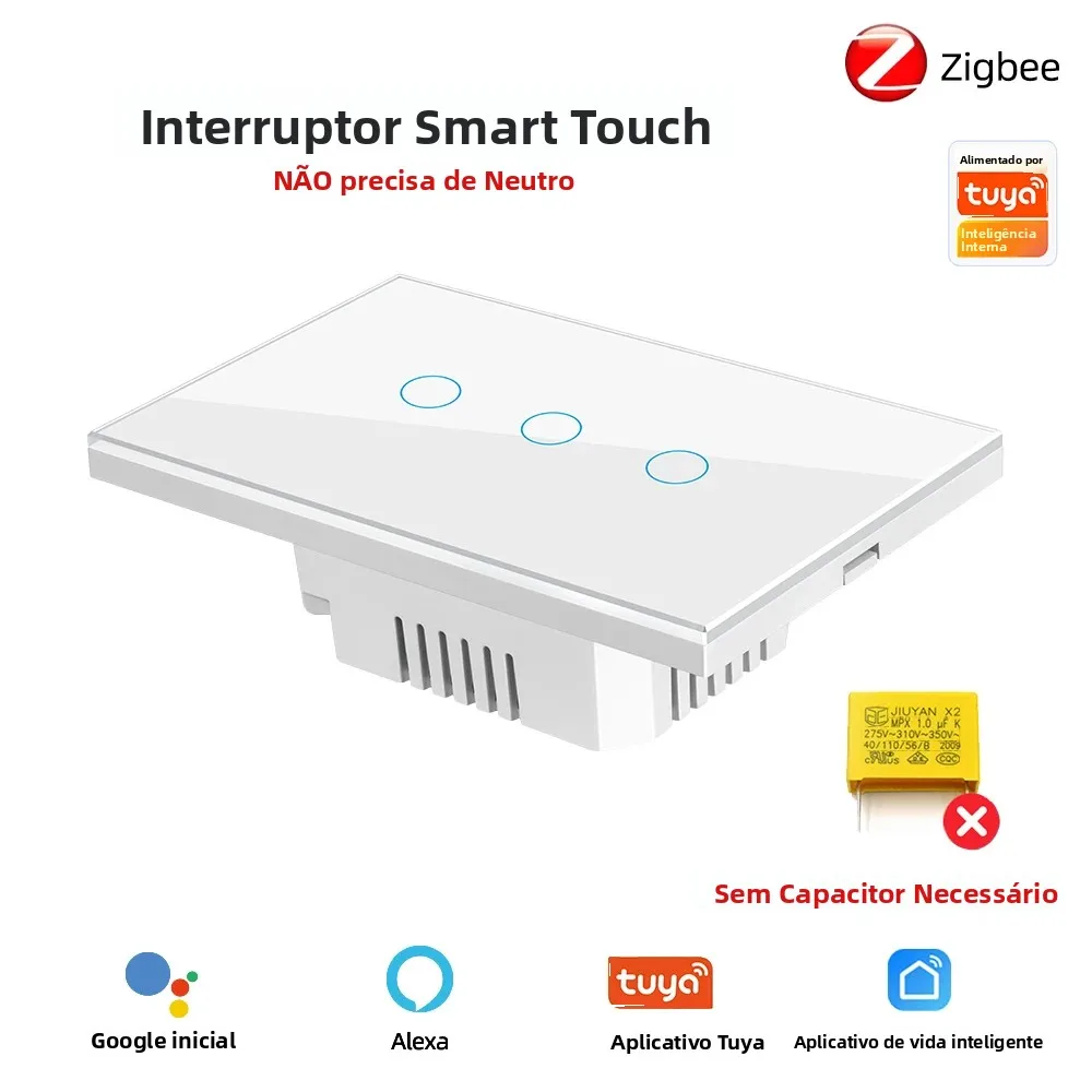 Interruptor Inteligente Zigbee Touch sem Fio Neutro 1/2/3 Teclas, Compatível com Alexa/Google Home/App Tuya Smart Life, Controle Remoto e Temporizador por Voz