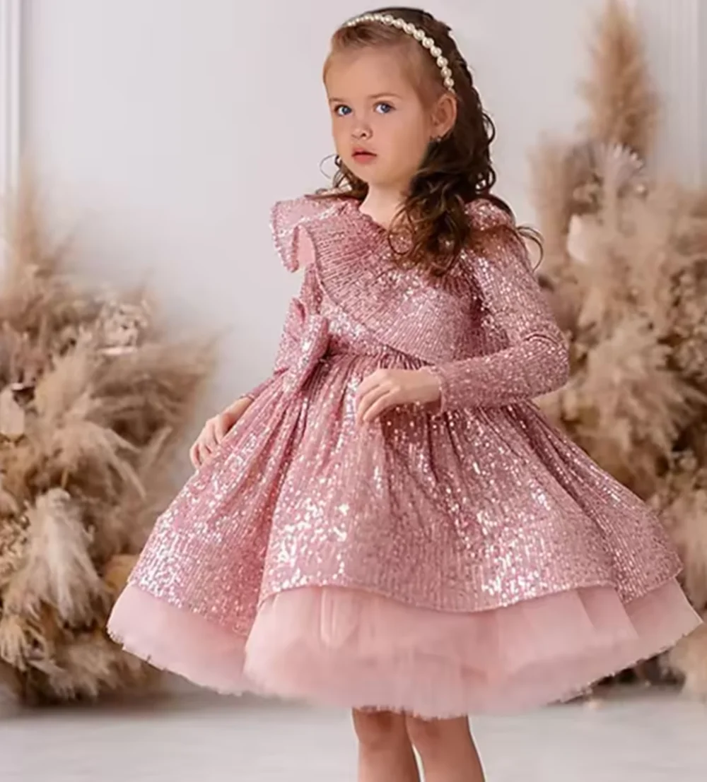 Customized Pink Sequins Tulle Long Sleeve With Bow Flower Girl Dress For Wedding Child's First Eucharistic Birthday Party Dress