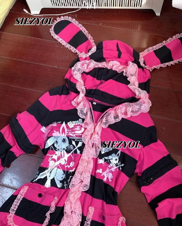 Striped Rose Red Rabbit Ears Hooded Striped Coat Hottie Y2k Sweet Cool Schoolgirl Punk Style Lace Long Sleeve Zipper Jacket