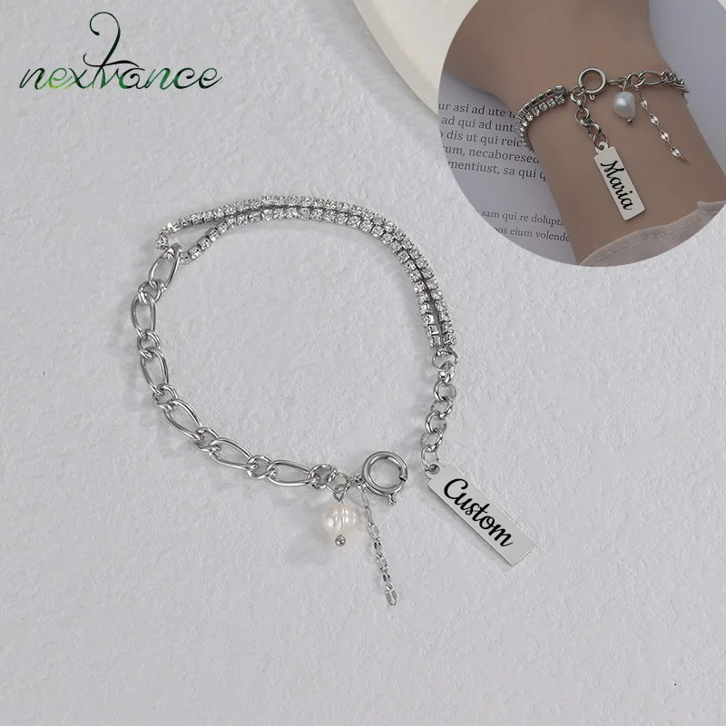 Nextvance Custom Name Bracelet Luxury Synthetic Zircon Chain With Pearl Engraved Letters For Women Stainless Steel Jewelry Gifts