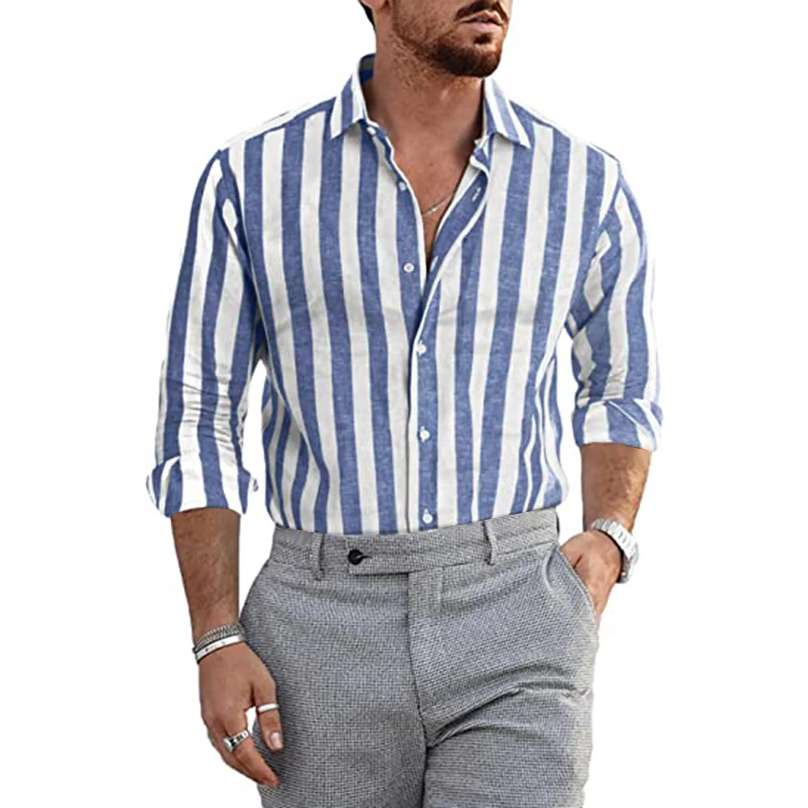 Summer Men Linen Shirt Long Sleeve Stripe Print Baggy Down-collar Button Shirts Tops Male Clothes