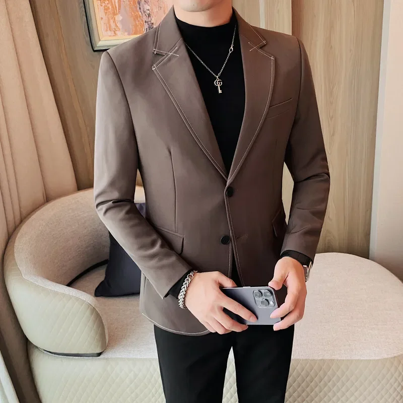 High Quality Solid Color Men\'s Blazer Jacket Autumn Winter Casual Business Formal Blazer Social Wedding Banquet Party Coat 2024