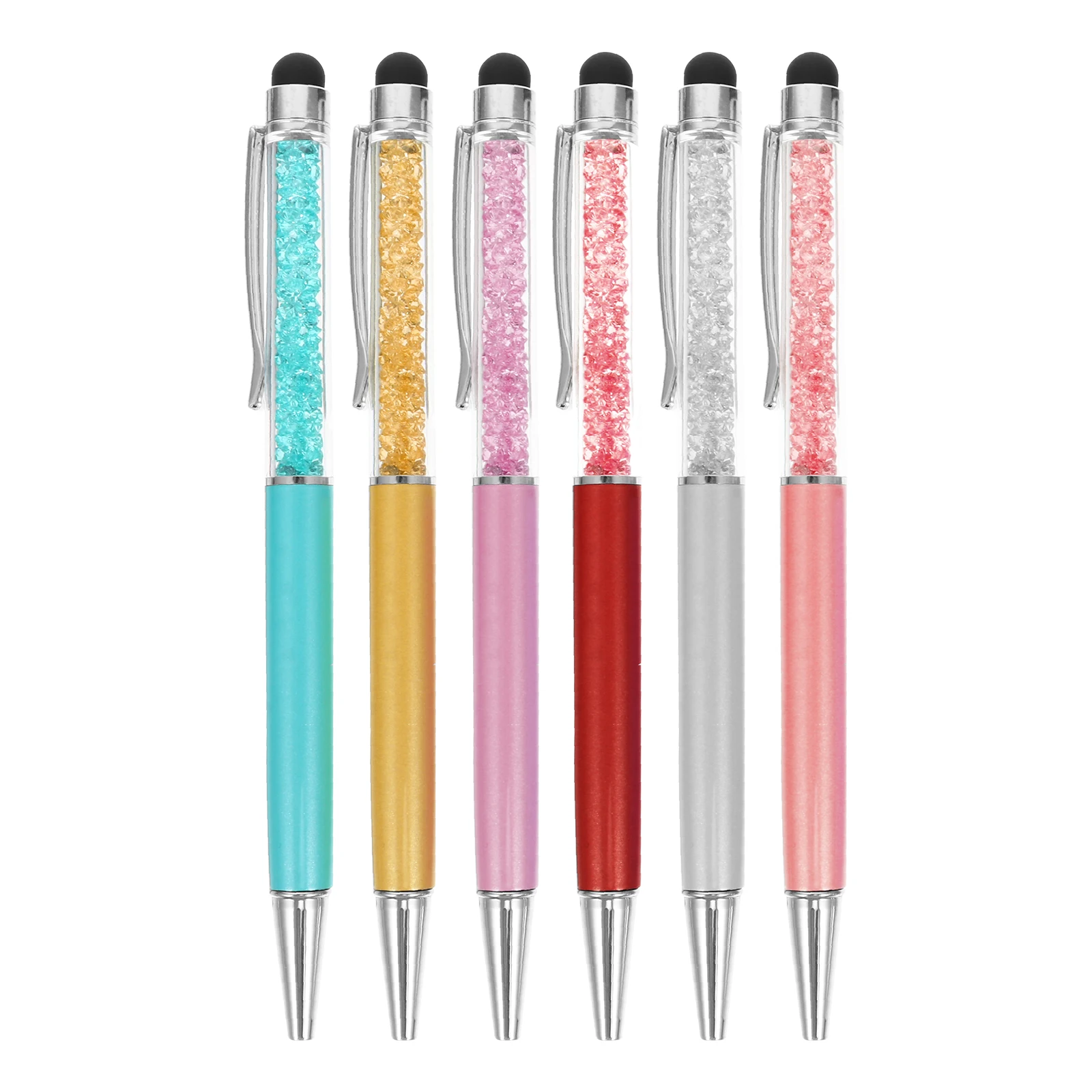

6pcs Capacitor Pen Ballpoint 2-in-1 Metal Aluminum Alloy Crystal Stylus Handwriting Touch Screen Pens Multifunctional Portable
