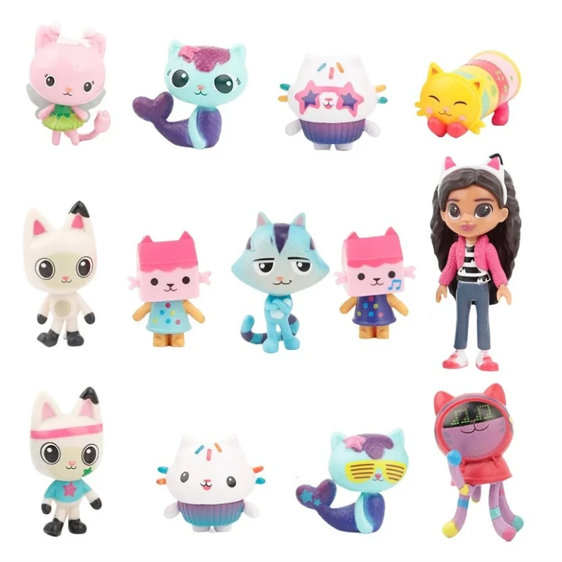 EN STOCK @ @ 13 pièces/ensemble PVC Gabby maison de poupée Figure jouet Mercat dessin animé animaux en peluche souriant voiture chat câlin Gaby fille poupées Chrimas